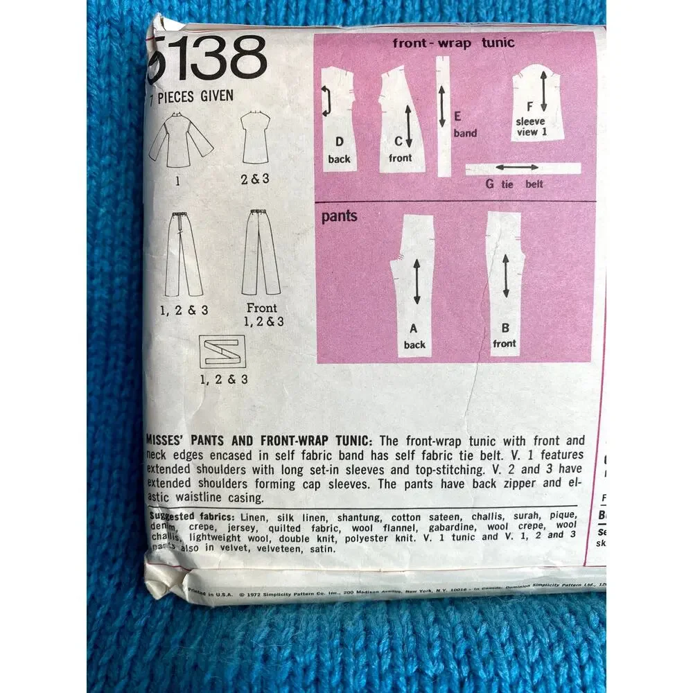 Simplicity 5138 Sewing pattern wide leg pants wrap jacket blouse 1970s size 14